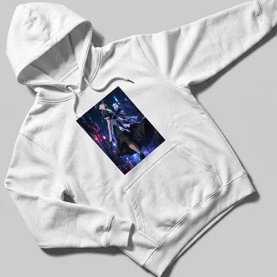 Anime style female character with a gun in neon colors — printed on a unisex hoodie