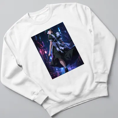 Anime style female character with a gun in neon colors — printed on a unisex sweatshirt