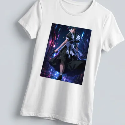 Anime style female character with a gun in neon colors — printed on a women's shirt