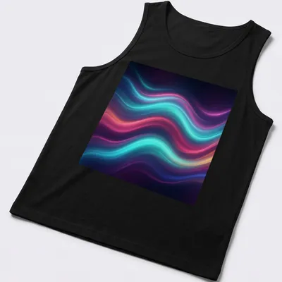 Vibrant neon wave motion design in blue, pink, purple, and orange on black — printed on a tank top