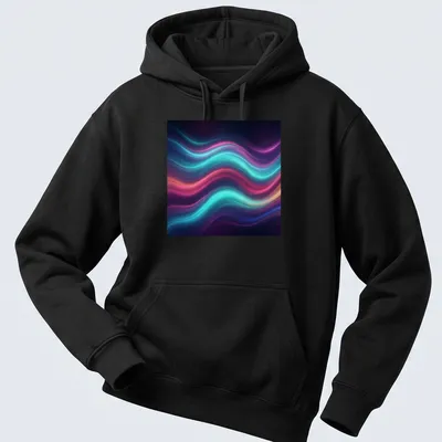 Vibrant neon wave motion design in blue, pink, purple, and orange on black — printed on a unisex hoodie