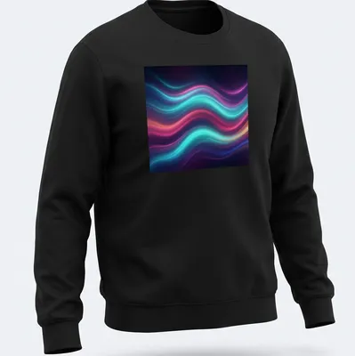 Vibrant neon wave motion design in blue, pink, purple, and orange on black — printed on a unisex sweatshirt