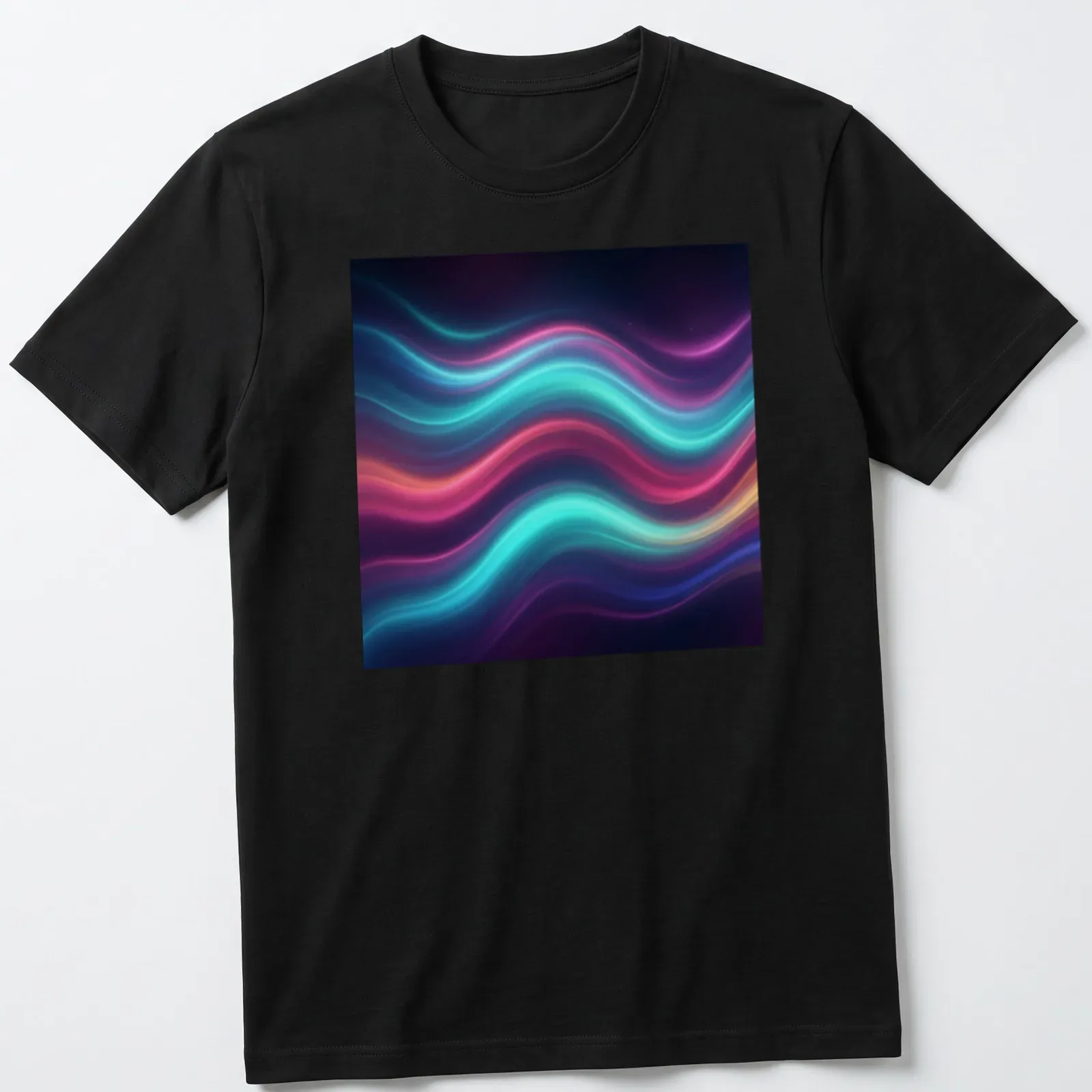 Vibrant neon wave motion design in blue, pink, purple, and orange on black — printed on a unisex t-shirt
