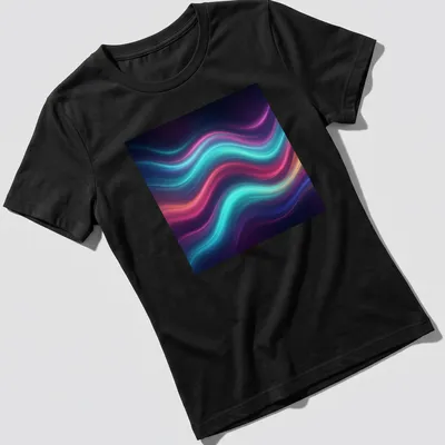 Vibrant neon wave motion design in blue, pink, purple, and orange on black — printed on a women's shirt
