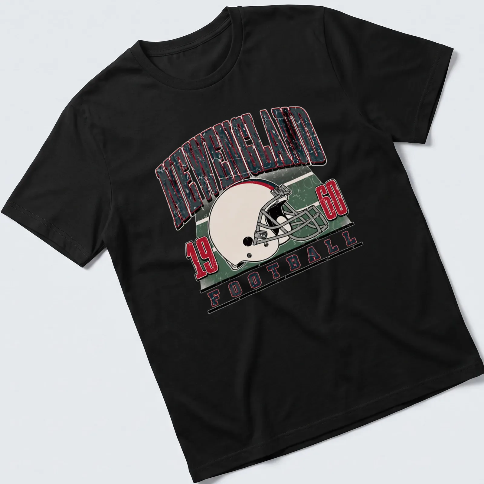 Retro distressed New England football helmet graphic with team text — printed on a unisex t-shirt