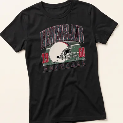 Retro distressed New England football helmet graphic with team text — printed on a women's shirt