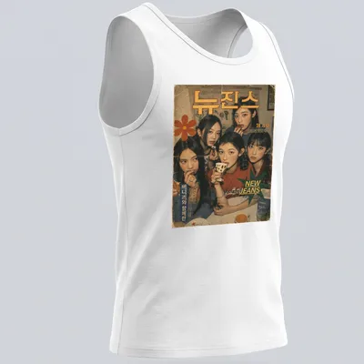 Vintage magazine-style graphic featuring five young women from New Jeans — printed on a tank top