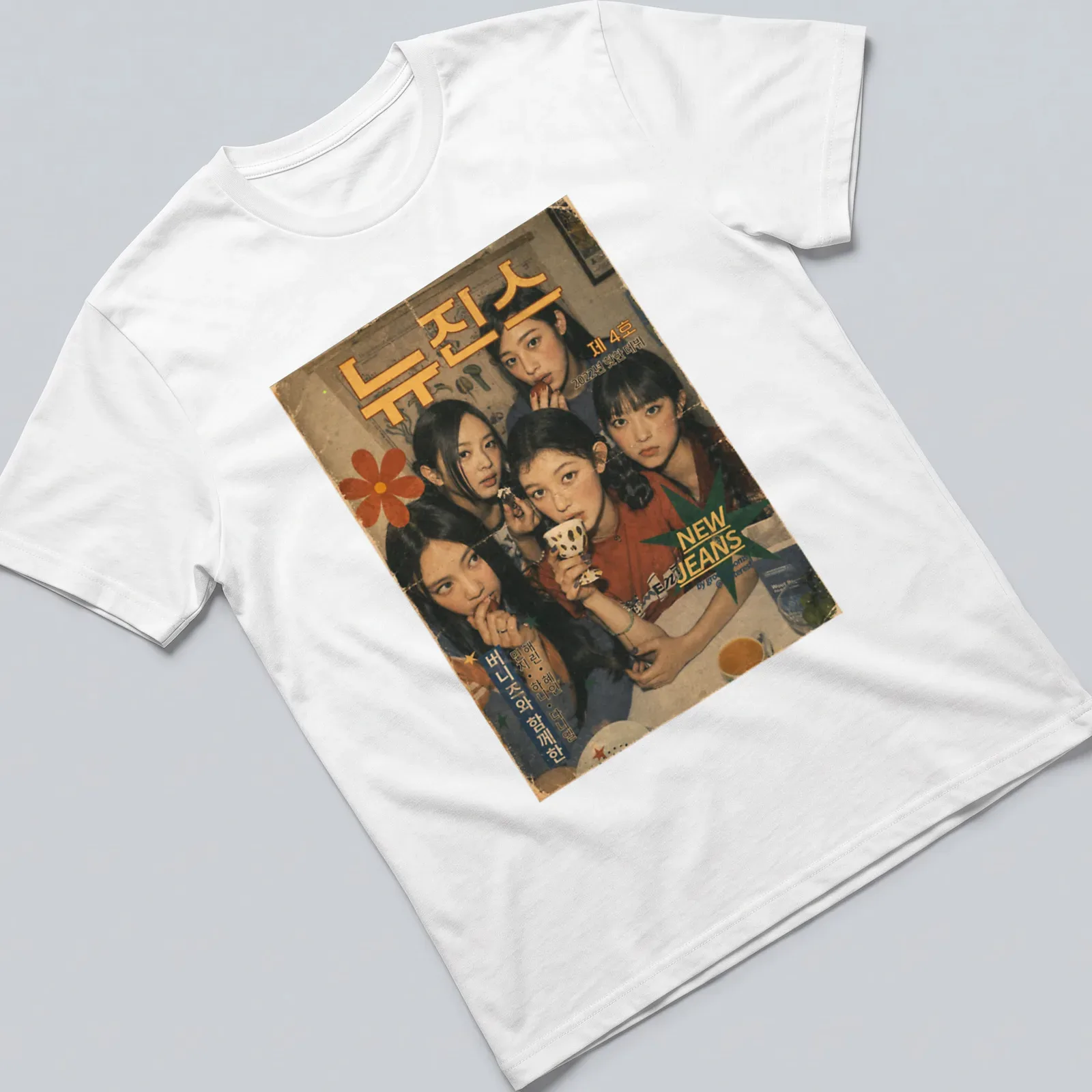 Vintage magazine-style graphic featuring five young women from New Jeans — printed on a unisex t-shirt