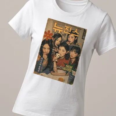 Vintage magazine-style graphic featuring five young women from New Jeans — printed on a women's shirt