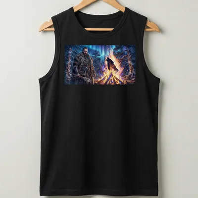 Fantasy realism print of a Nordic warrior with a fiery ghost wolf — printed on a tank top