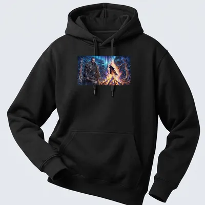 Fantasy realism print of a Nordic warrior with a fiery ghost wolf — printed on a unisex hoodie