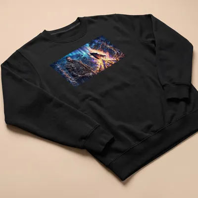 Fantasy realism print of a Nordic warrior with a fiery ghost wolf — printed on a unisex sweatshirt