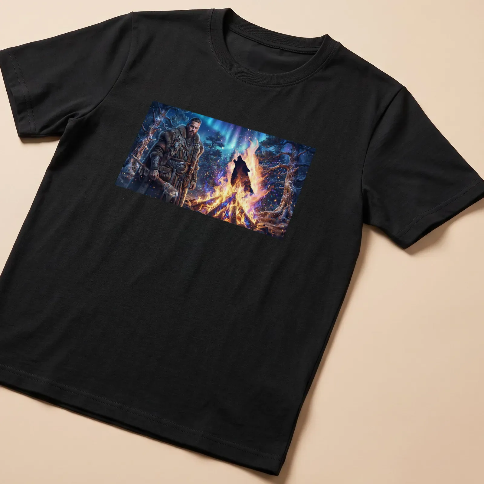 Fantasy realism print of a Nordic warrior with a fiery ghost wolf — printed on a unisex t-shirt