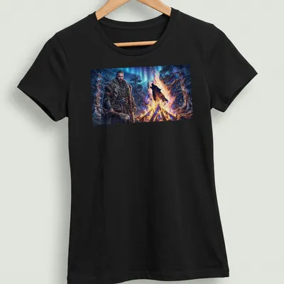 Fantasy realism print of a Nordic warrior with a fiery ghost wolf — printed on a women's shirt