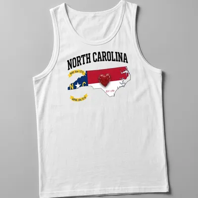 Bold graphic t-shirt featuring North Carolina map and heart with historical dates — printed on a tank top