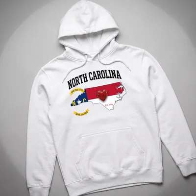 Bold graphic t-shirt featuring North Carolina map and heart with historical dates — printed on a unisex hoodie