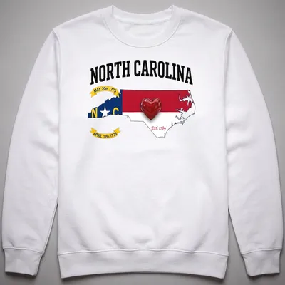 Bold graphic t-shirt featuring North Carolina map and heart with historical dates — printed on a unisex sweatshirt