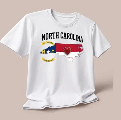 Bold graphic t-shirt featuring North Carolina map and heart with historical dates — printed on a unisex t-shirt (angled view)