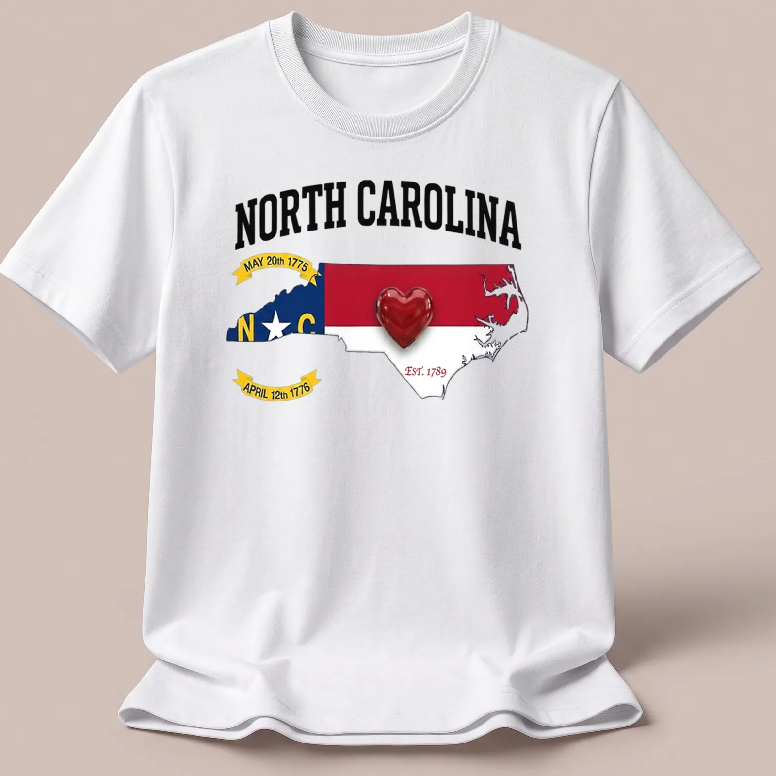 Bold graphic t-shirt featuring North Carolina map and heart with historical dates — printed on a unisex t-shirt
