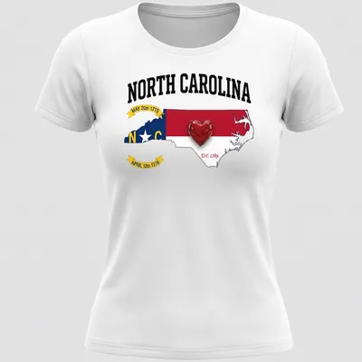 Bold graphic t-shirt featuring North Carolina map and heart with historical dates — printed on a women's shirt