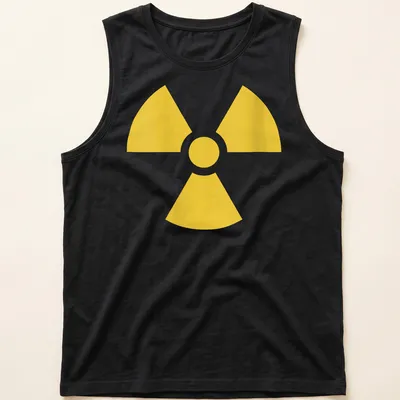 Vintage nuclear warning symbol T-shirt in bold yellow — printed on a tank top