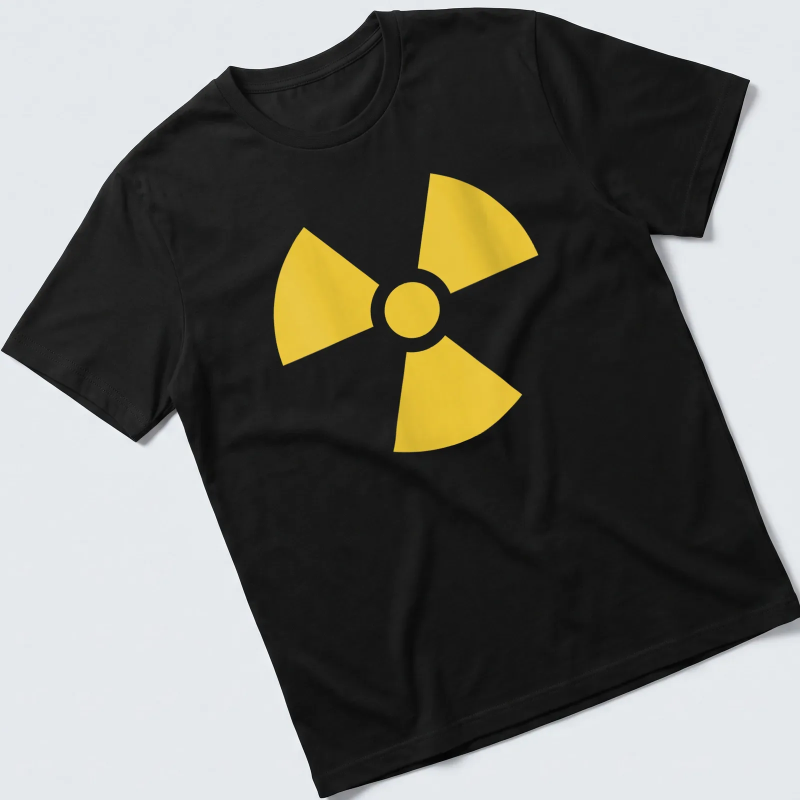 Vintage nuclear warning symbol T-shirt in bold yellow — printed on a unisex t-shirt