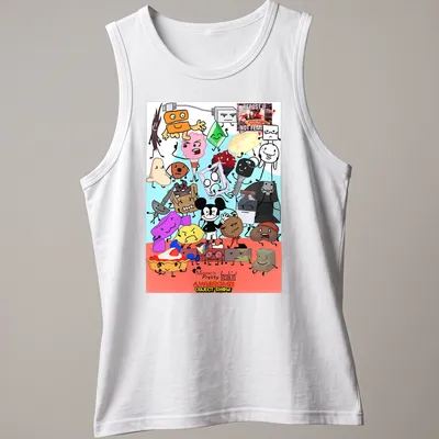 Colorful cartoon T-shirt featuring various animated object characters with playful text — printed on a tank top