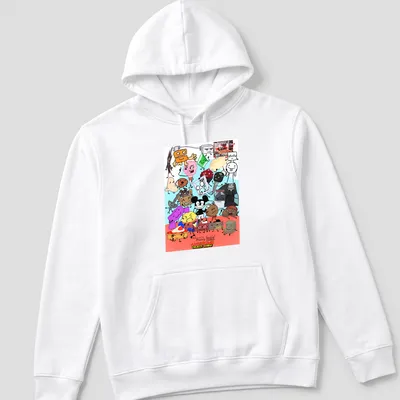 Colorful cartoon T-shirt featuring various animated object characters with playful text — printed on a unisex hoodie