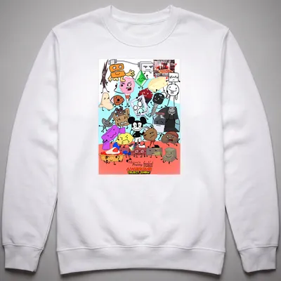 Colorful cartoon T-shirt featuring various animated object characters with playful text — printed on a unisex sweatshirt