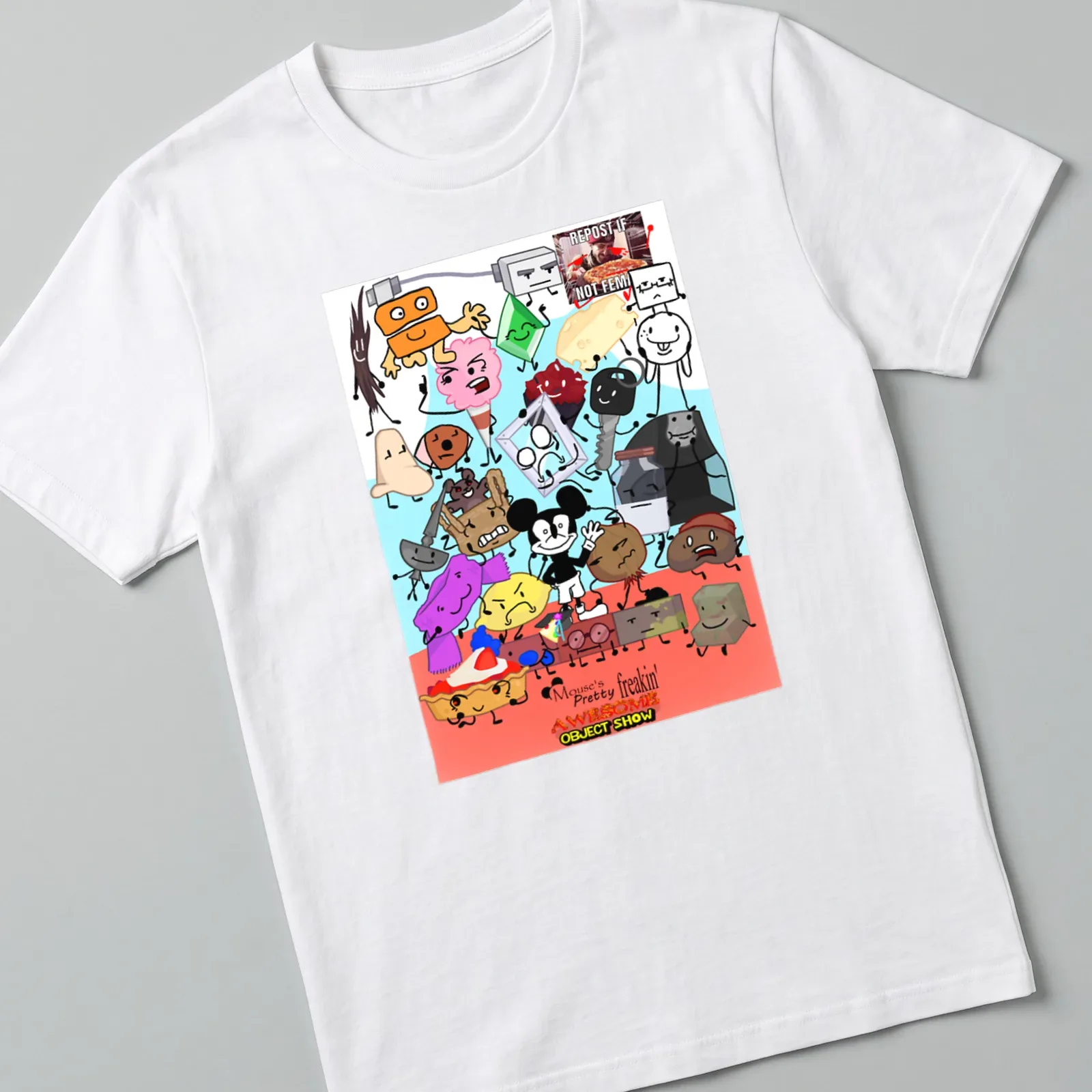 Colorful cartoon T-shirt featuring various animated object characters with playful text — printed on a unisex t-shirt