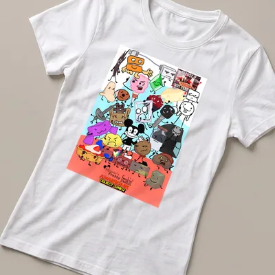 Colorful cartoon T-shirt featuring various animated object characters with playful text — printed on a women's shirt