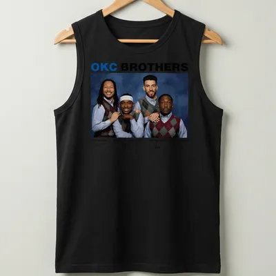 Team photo T-shirt featuring OKC Brothers basketball players in vibrant colors — printed on a tank top