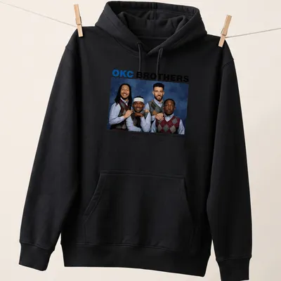 Team photo T-shirt featuring OKC Brothers basketball players in vibrant colors — printed on a unisex hoodie