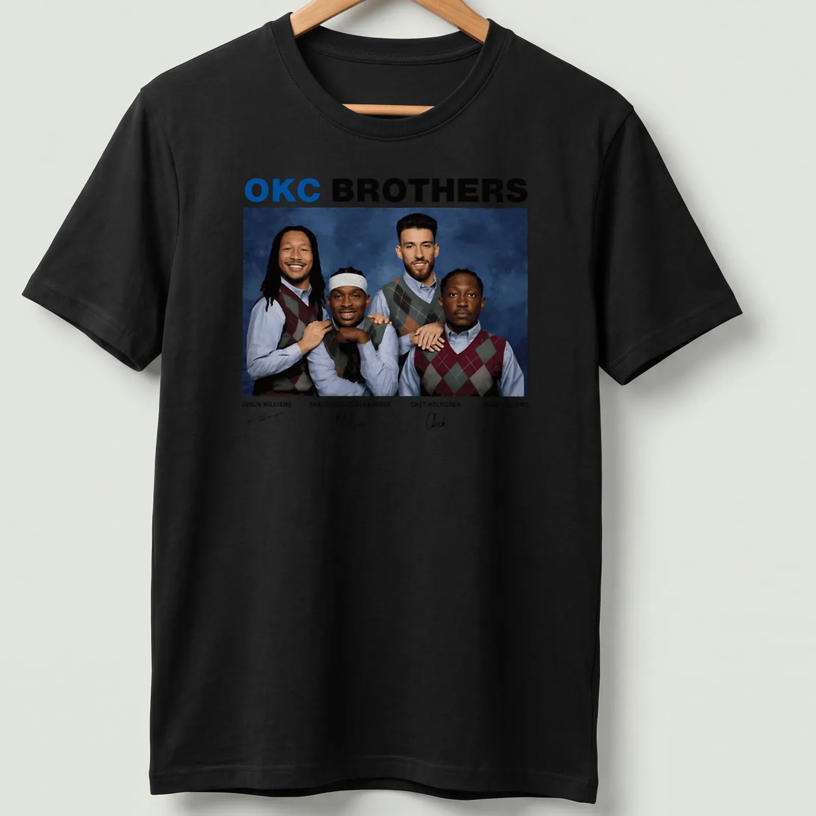 Team photo T-shirt featuring OKC Brothers basketball players in vibrant colors — printed on a unisex t-shirt