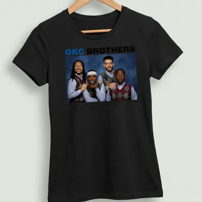 Team photo T-shirt featuring OKC Brothers basketball players in vibrant colors — printed on a women's shirt
