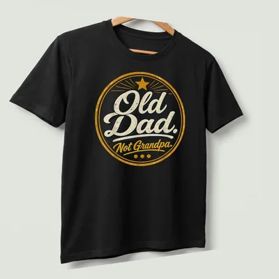 Vintage badge-style t-shirt with the phrase 'Old Dad. Not Grandpa.' — printed on a unisex t-shirt (angled view)
