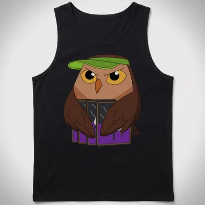 Cartoon owl named Owlbert with playful text in bright colors — printed on a tank top