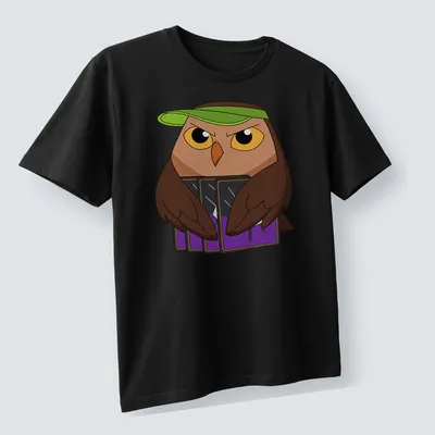 Cartoon owl named Owlbert with playful text in bright colors — printed on a unisex t-shirt (angled view)