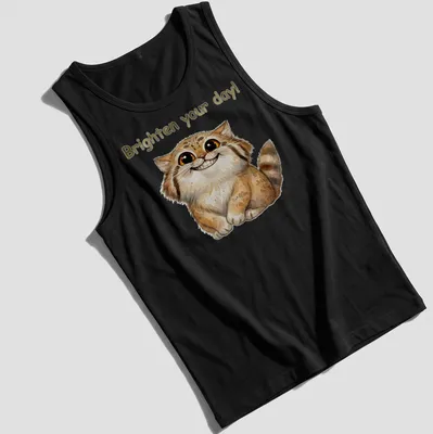 Watercolor illustration of a Pallas Cat with the text 'Brighten your day!' in warm tones — printed on a tank top