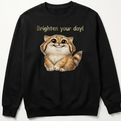Watercolor illustration of a Pallas Cat with the text 'Brighten your day!' in warm tones — printed on a unisex sweatshirt