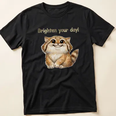 Watercolor illustration of a Pallas Cat with the text 'Brighten your day!' in warm tones