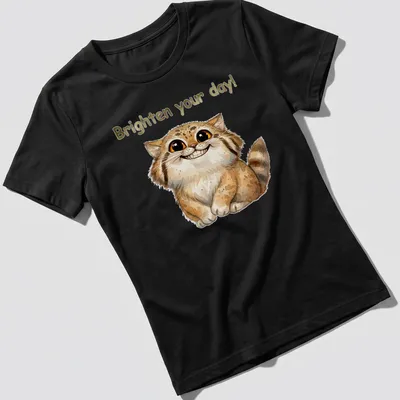 Watercolor illustration of a Pallas Cat with the text 'Brighten your day!' in warm tones — printed on a women's shirt