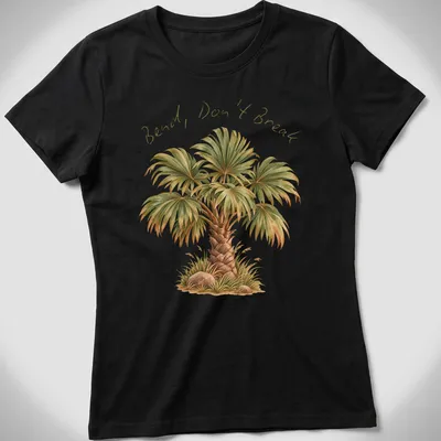 Watercolor palm tree design with the phrase Bend, Don't Break in script — printed on a women's shirt