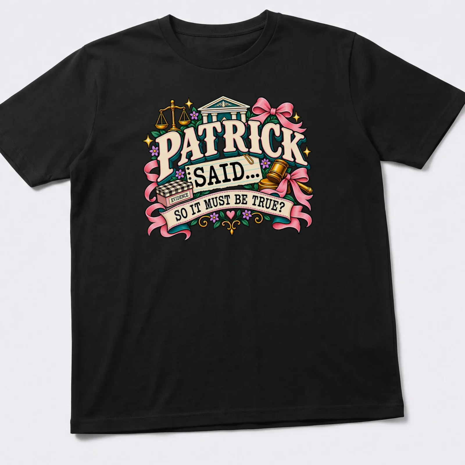 Colorful vintage design featuring gavel and scales of justice with humorous text — printed on a unisex t-shirt