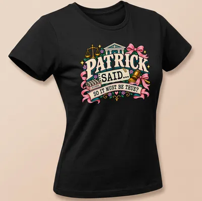 Colorful vintage design featuring gavel and scales of justice with humorous text — printed on a women's shirt