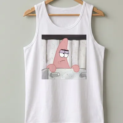 Cartoon print of Patrick Star from Spongebob Squarepants in pink and black — printed on a tank top