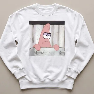 Cartoon print of Patrick Star from Spongebob Squarepants in pink and black — printed on a unisex sweatshirt