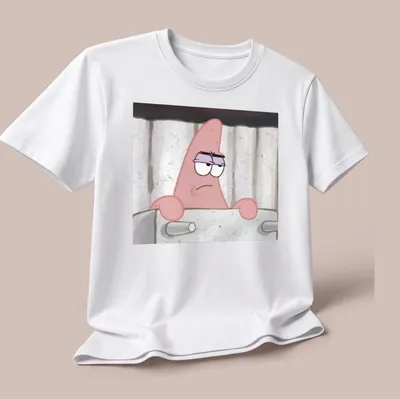 Cartoon print of Patrick Star from Spongebob Squarepants in pink and black — printed on a unisex t-shirt (angled view)