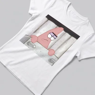 Cartoon print of Patrick Star from Spongebob Squarepants in pink and black — printed on a women's shirt