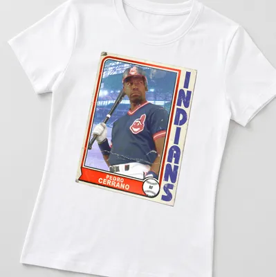 Retro trading card design featuring Pedro Cerrano from Major League — printed on a women's shirt